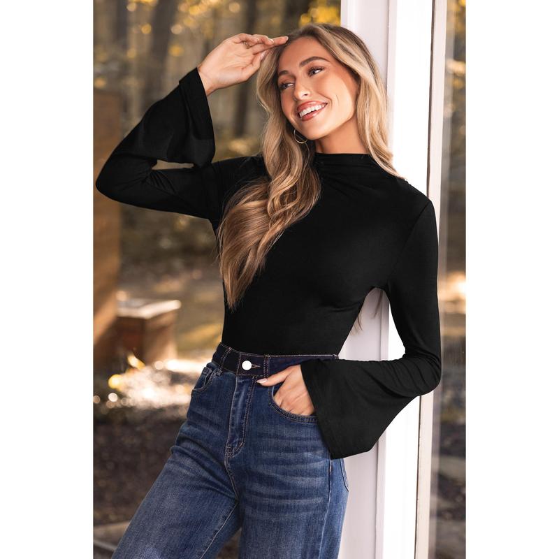 Black Mockneck Flared Long Sleeve Bodysuit - 2024 Fall Fashion, Perfect for any occasion, Women's Clothing D-C