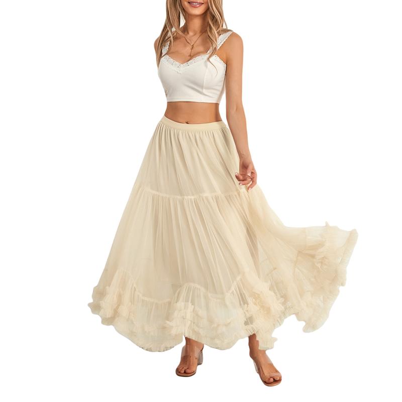 Women’s Tulle Long Skirts Elastic High Waist Ruffle Hem Tutu Skirts Fluffy A-line Midi Skirts Fabric Light Womenswear Bottom