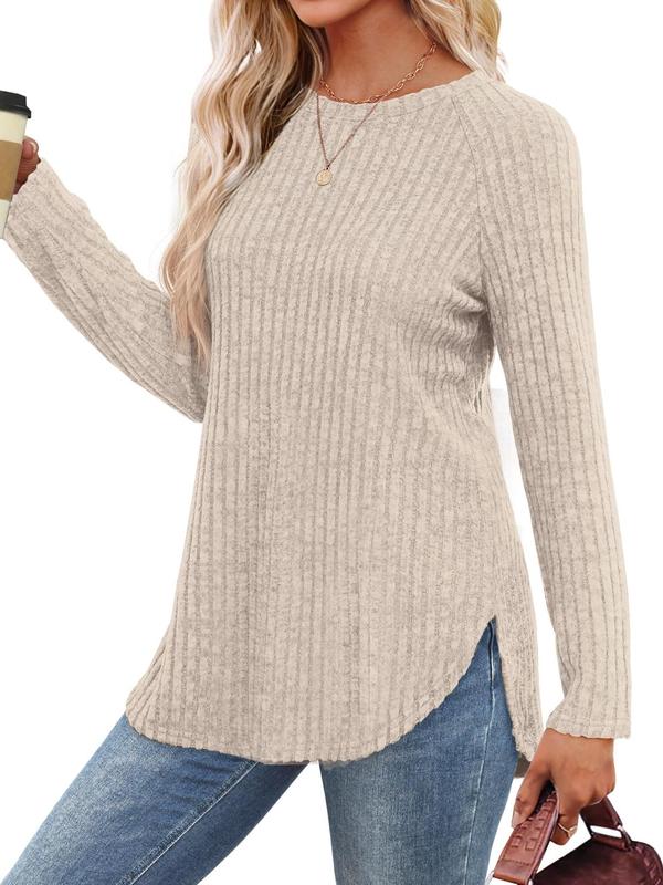 Women's Plain Raglan Sleeve  Curved Hem Ribbed Tee, Casual Long Sleeve Round Neck T-shirt  for Fall & Winter, Women's Knitwear for Daily Wear