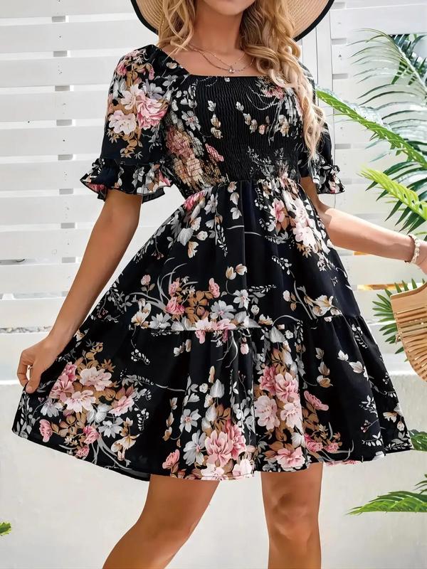 Women's Floral Print Ruffle Hem Vintage Dress, Boho Flounce Sleeve Shirred A Line Dress, Summer Dresses, Homecoming Dresses, Ladies Clothes for Beach Holiday Wedding Guest Fall Wedding Guest Dress