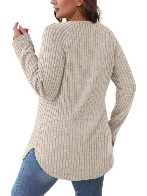 Women's Plain Raglan Sleeve  Curved Hem Ribbed Tee, Casual Long Sleeve Round Neck T-shirt  for Fall & Winter, Women's Knitwear for Daily Wear