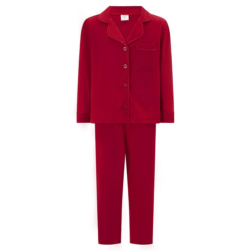 New Red Christmas Pajamas For Family Lapel Neck Button-up Long Sleeve Tops Long Pants 2-Piece Bow Solid Color Loungewear Outfit