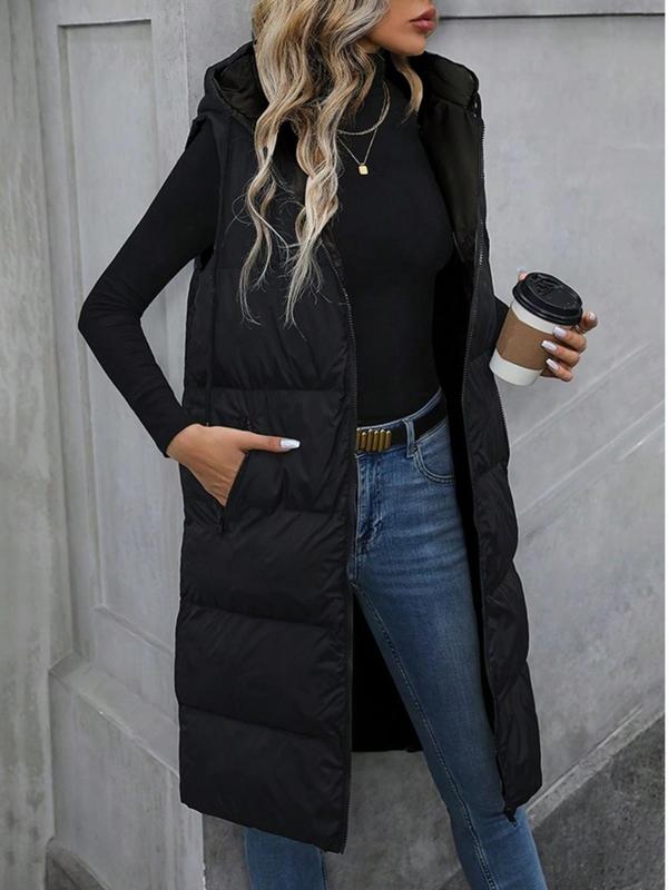 Women's Solid Pocket Zip Up Drawstring Hooded Vest Winter Coat, Casual Fashionable Sleeveless Warm Coat for Daily Outdoor Wear, Women Clothing for Fall & Winter