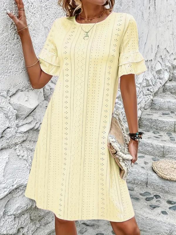  Solid Eyelet Embroidery Ruffle Trim Loungewear Dress, Casual Short Sleeve Round Neck Nightdress for Spring & Fall, Women's Sleepwear for Indoor Wear