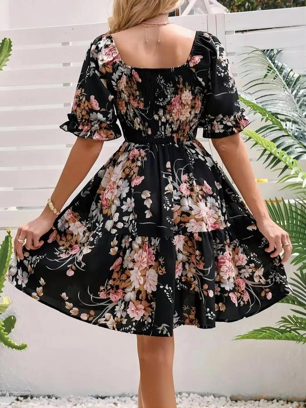 Women's Floral Print Ruffle Hem Vintage Dress, Boho Flounce Sleeve Shirred A Line Dress, Summer Dresses, Homecoming Dresses, Ladies Clothes for Beach Holiday Wedding Guest Fall Wedding Guest Dress