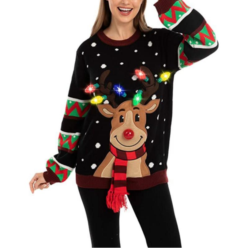 Women's Light Up Ugly Christmas Sweater with Light Bulb Reindeer Christmas Ugly Sweater Christmas Moose Knit Men's and Women's Couples Red Black