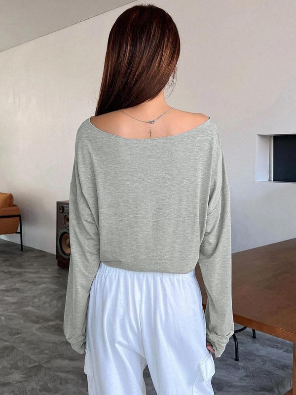 Women's Plain Boat Neck Crop Tee, Casual Drop Shoulder Long Sleeve T-shirt for Spring & Fall, Women's Top for Daily Wear, T Shirts for Women, Fall Outfits, Fallfreshness, Downtown Girl Clothes