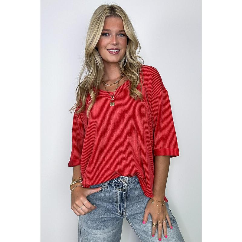 Relaxed Rhythm Corded Rib V-Neck Top - FINAL SALE