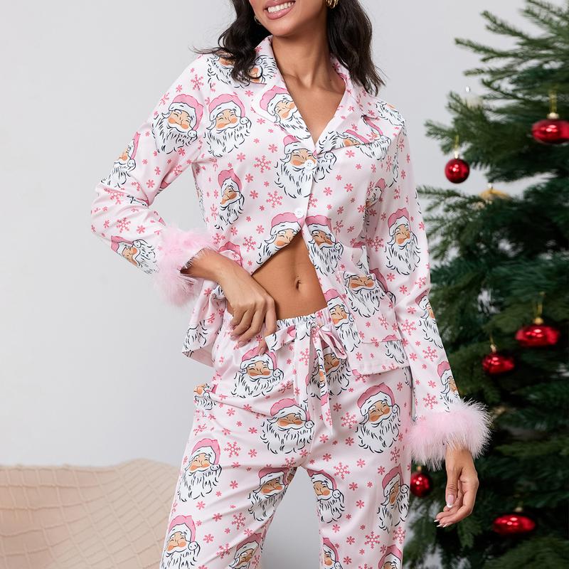 Christmas mother and daughter pajama set long-sleeved lapel shirt + Christmas elastic waist pants 2-piece set Long Sleeve Womenswear