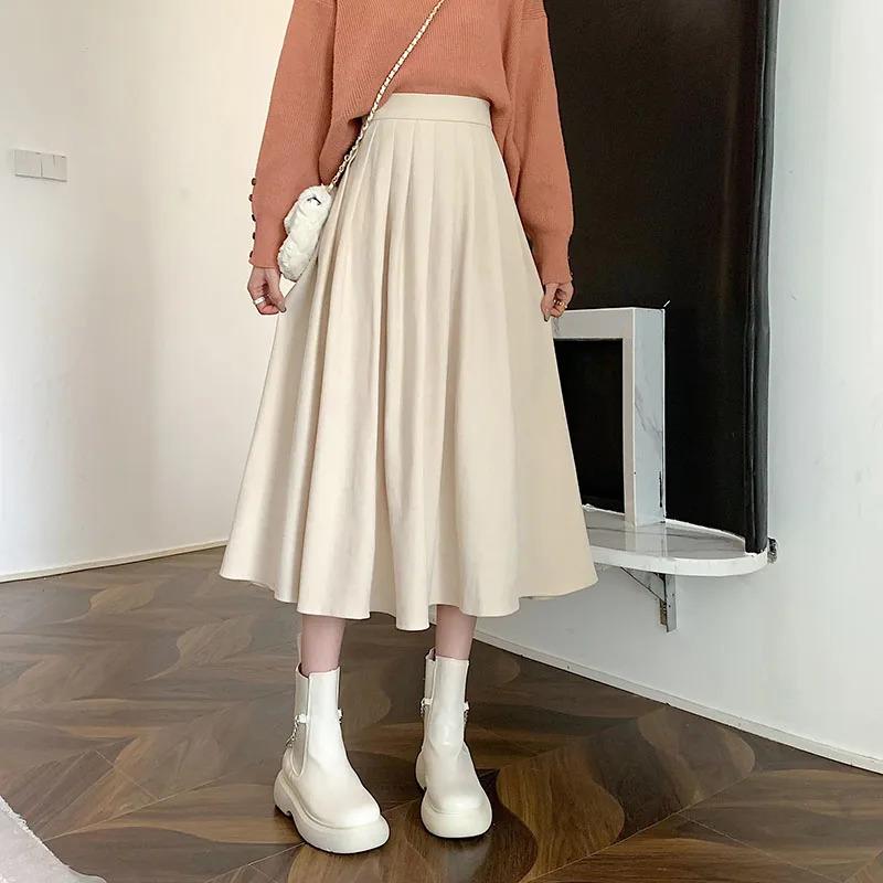 Fall Winter Women's Pleated Skirts Vintage High Waist Corduroy Long Skirt Woman Streetwear Simple All-match A-line Midi Skirts