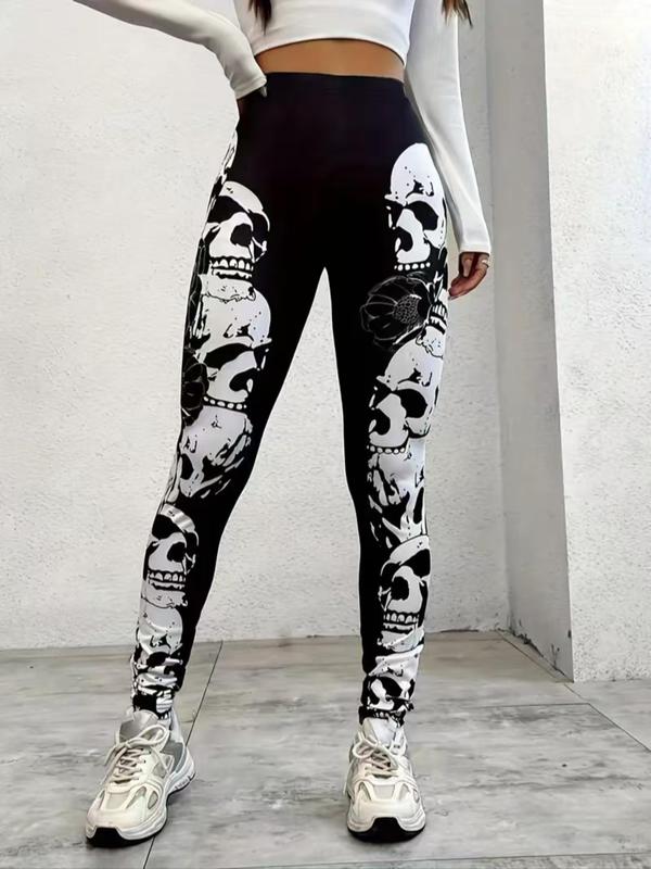 Women's Skull & Floral Print High Waist Leggings, Casual Comfy Breathable Skinny Pants for Daily Wear, Ladies Bottoms for All Seasons