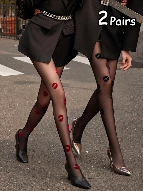 Women's Lip Print Sheer Sexy Tights, Chic High Waist Pantyhose for Daily Wear, Fashion Comfy Women's Stockings for All Seasons