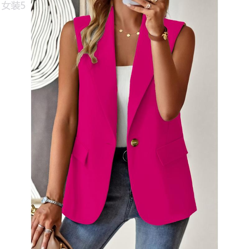 Elegant Sleeveless Lapel Vest - Ladies Blazer with Button Front, Solid Color, Perfect for Spring & Fall, Women's Fashion Clothing for Chic Look Fabric Womenswear Polyester Tops Comfort Collar