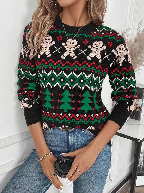 Women's All Over Christmas Print Round Neck Sweater, Casual Long Sleeve Crew Neck Jumper for Fall & Winter, Fashion Ladies' Knitwear for Daily Wear