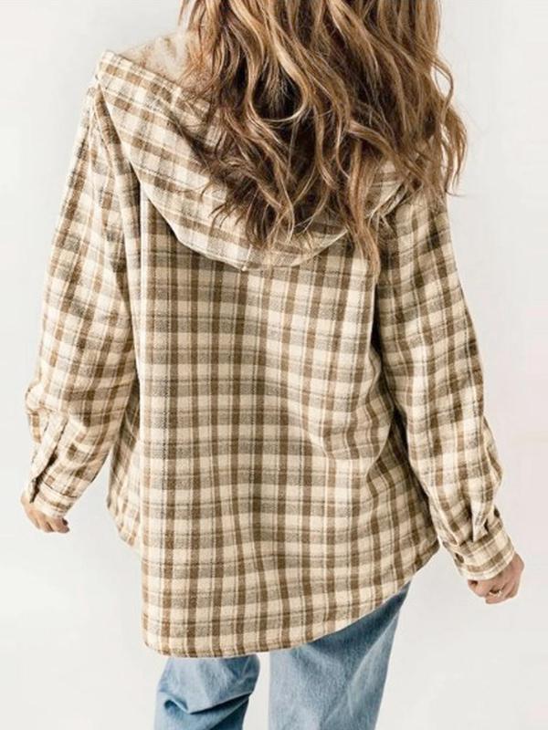 Women's Plaid Print Button Front Hooded Jacket, Casual Long Sleeve Pocket Outerwear for Fall & Winter, Women's Clothes for Daily Wear