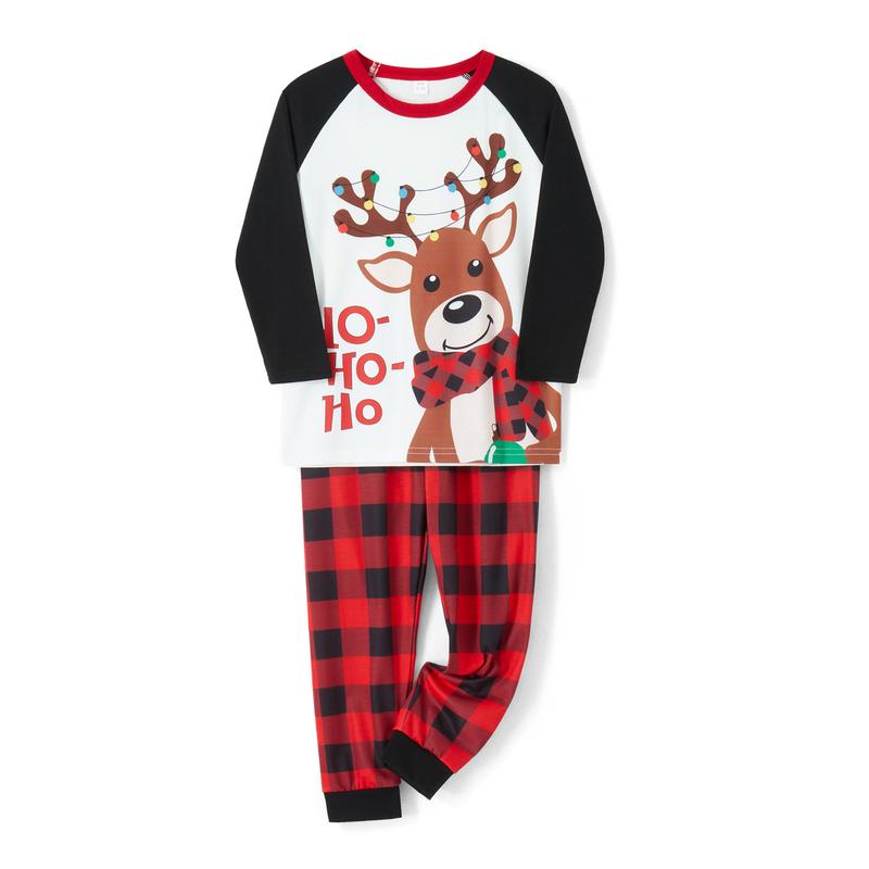 Christmas Pajamas for Family, Long Sleeve Elk Letter Print T-Shirt + Plaid Pants Set