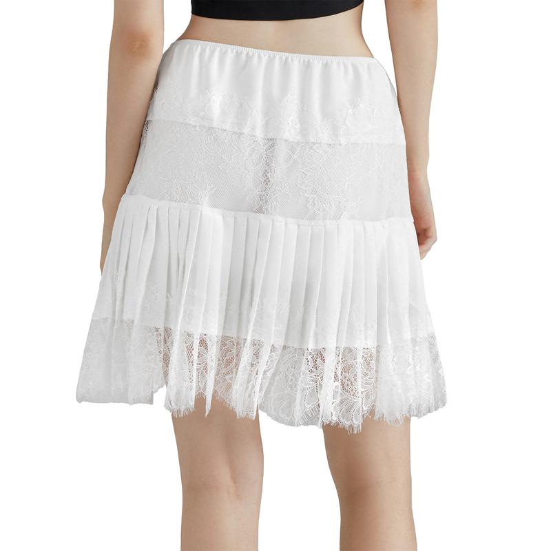 Women Y2k Lace Mini Skirt Low Rise Pleated Ruffle Half Slip Skirt Layered Flowy Short Skirt Streetwear