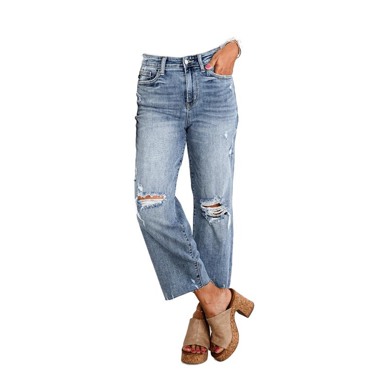 Judy Blue About Last Night Light Wash Destroyed Wide Leg Cropped Jeans