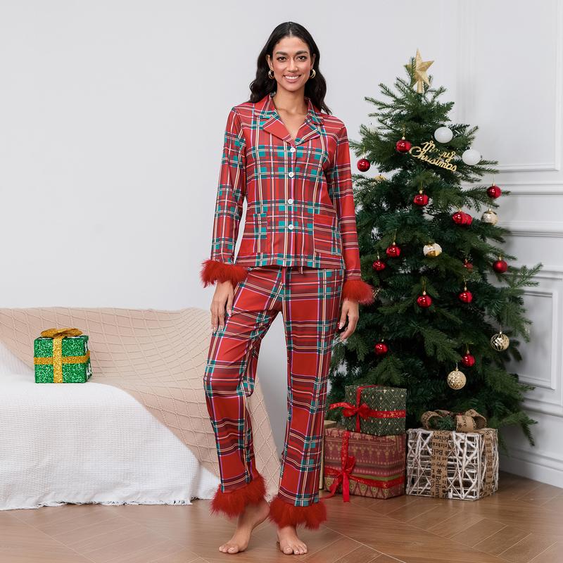 Christmas mother and daughter pajama set long-sleeved lapel shirt + Christmas elastic waist pants 2-piece set Long Sleeve Womenswear