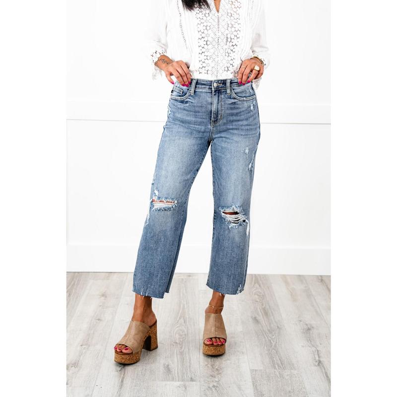 Judy Blue About Last Night Light Wash Destroyed Wide Leg Cropped Jeans