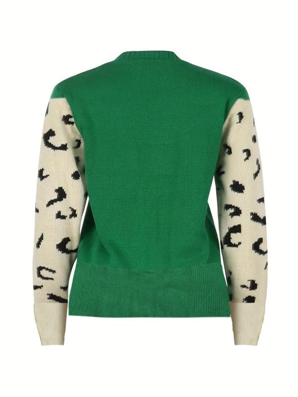 Women's Leopard Print Drop Shoulder Sweater, Casual Long Sleeve Round Neck Jumper for Fall & Winter, Fashion Ladies' Knitwear for Daily Wear for Christmas