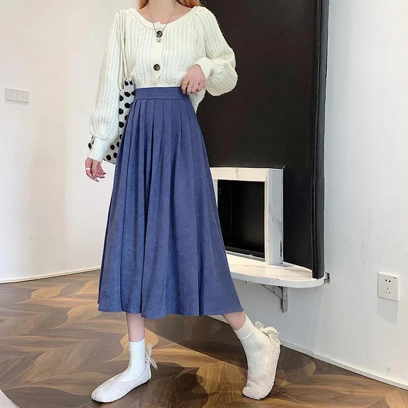 Fall Winter Women's Pleated Skirts Vintage High Waist Corduroy Long Skirt Woman Streetwear Simple All-match A-line Midi Skirts