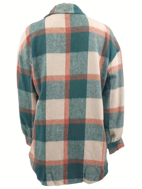 Women's Plaid Print Button Front Curved Hem Shirt Coat, Casual Drop Shoulder Long Sleeve Flap Pocket Outerwear for Fall & Winter, Ladies Clothes for Daily Wear