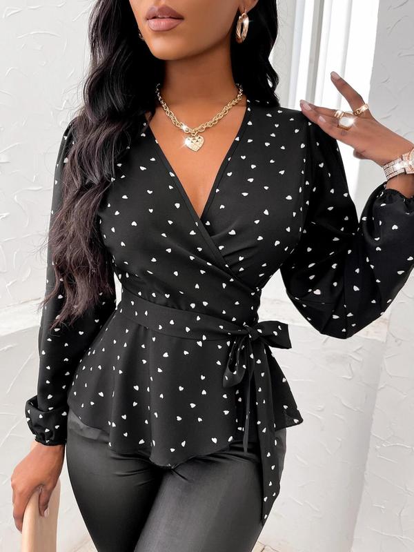 Women's Heart Print Tie Front Peplum Hem Wrap Blouse, Elegant Bishop Sleeve V Neck Top for Daily Wear, Ladies Clothes for All Seasons