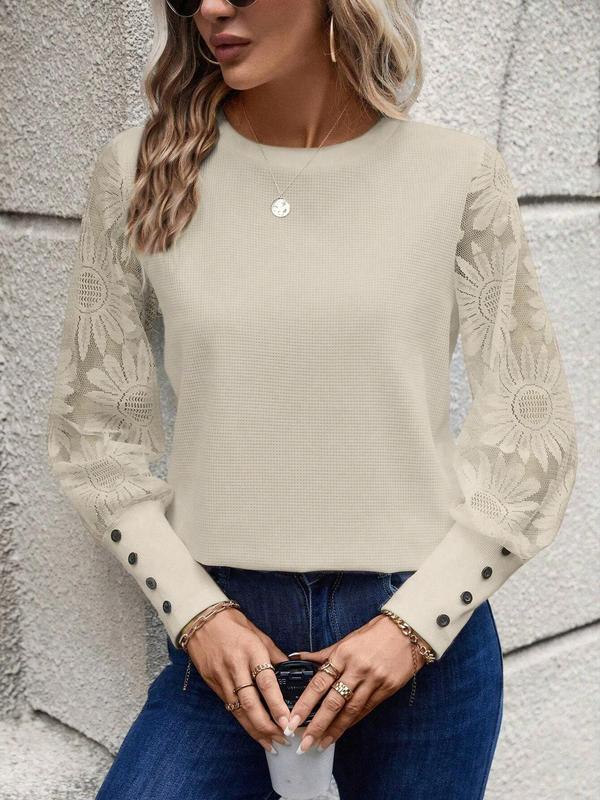 Women's Floral Embroidery Tee, Elegant Long Sleeve Jumper for Spring & Fall, Fashion Comfortable Women's Knitwear for Daily Wear