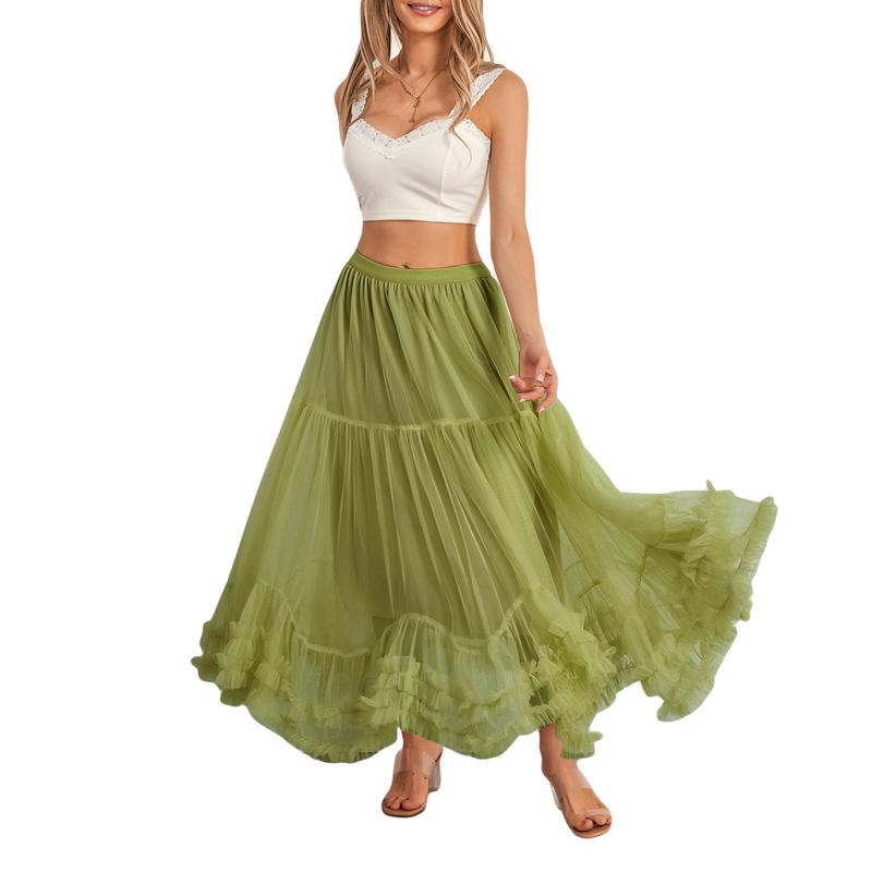 Women’s Tulle Long Skirts Elastic High Waist Ruffle Hem Tutu Skirts Fluffy A-line Midi Skirts Fabric Light Womenswear Bottom