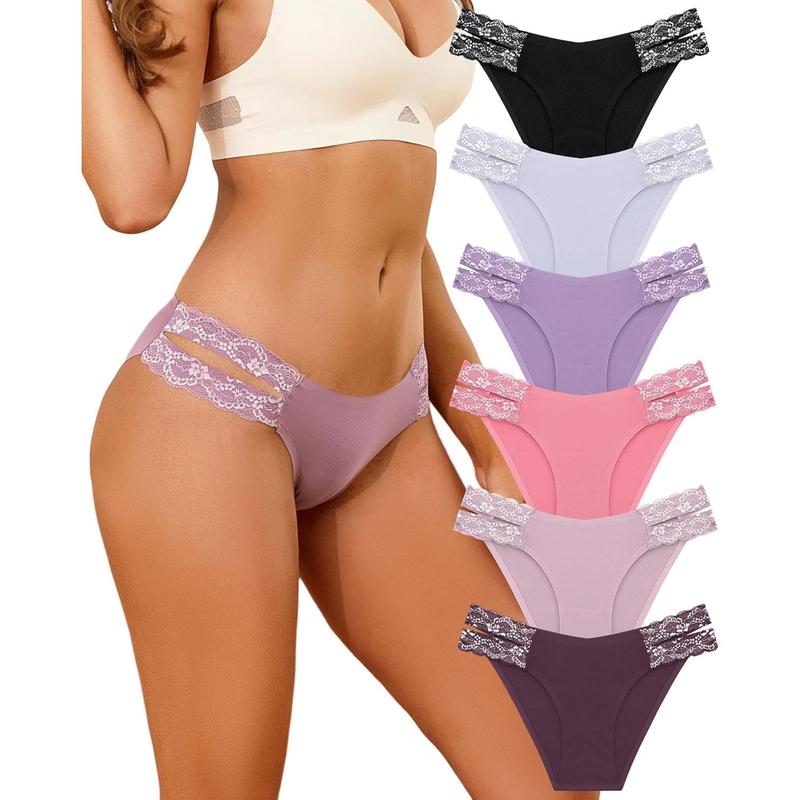 Seamless Underwear for Women Cheeky Bikini Panties High Cut V-waist Lace Underwear Women Cute Bikinis 6 Pack