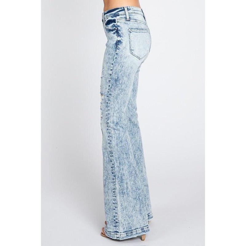 Woman's Acid Wash Distressed Mid Rise Boot Cut Jeans