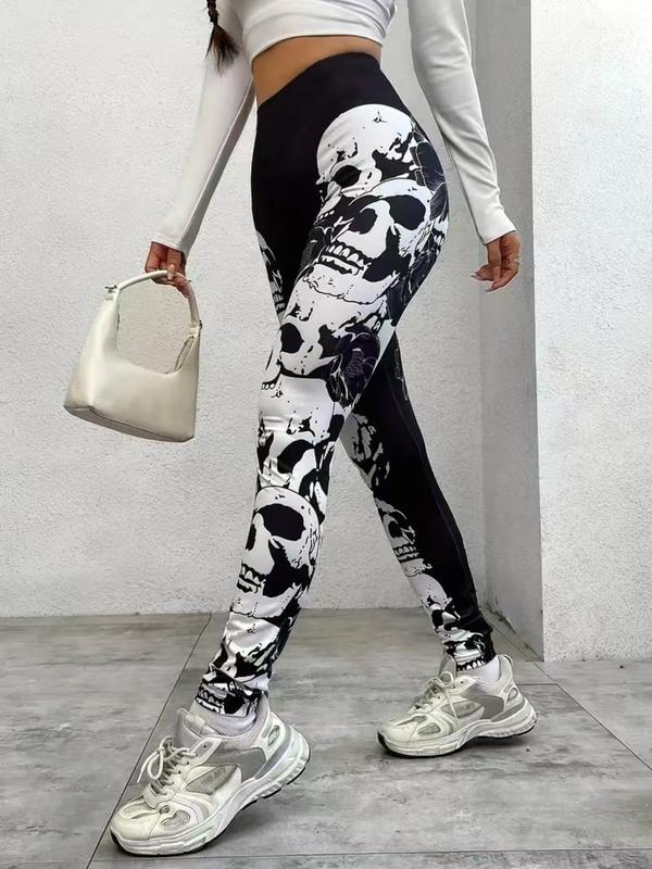 Women's Skull & Floral Print High Waist Leggings, Casual Comfy Breathable Skinny Pants for Daily Wear, Ladies Bottoms for All Seasons