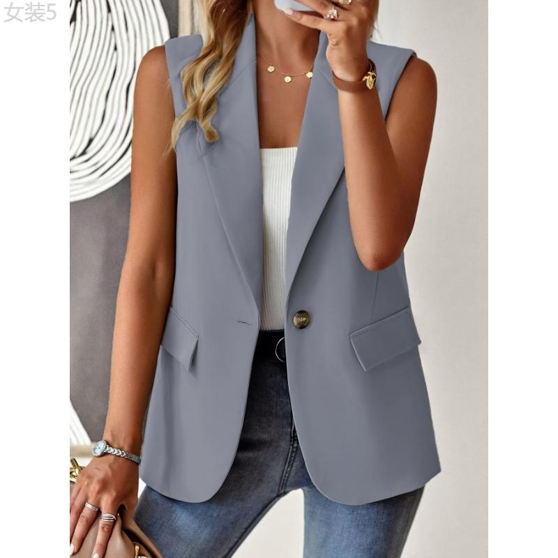 Elegant Sleeveless Lapel Vest - Ladies Blazer with Button Front, Solid Color, Perfect for Spring & Fall, Women's Fashion Clothing for Chic Look Fabric Womenswear Polyester Tops Comfort Collar