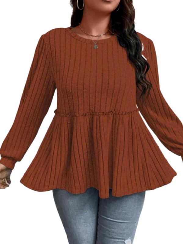  Solid Pleated Bishop Sleeve Tee, Casual Long Sleeve Round Neck Top for Fall & Winter, Women's Clothes for Daily Wear