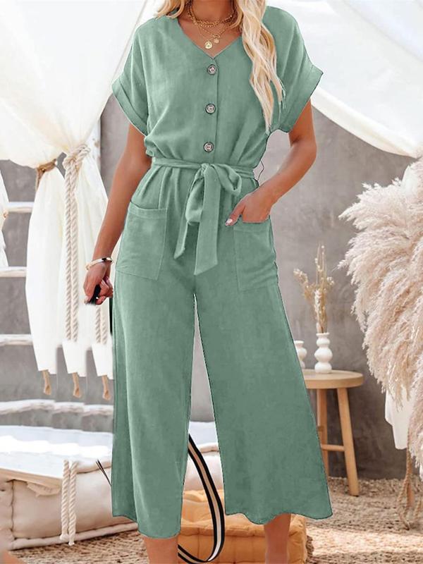 Women's Plain Button Front Crewneck Shortsleeve Belted Pocket Shirt Jumpsuit, Lady Basic Batwing Sleeve Round Neck, Summer Outfits 2024, Womenswear Overalls