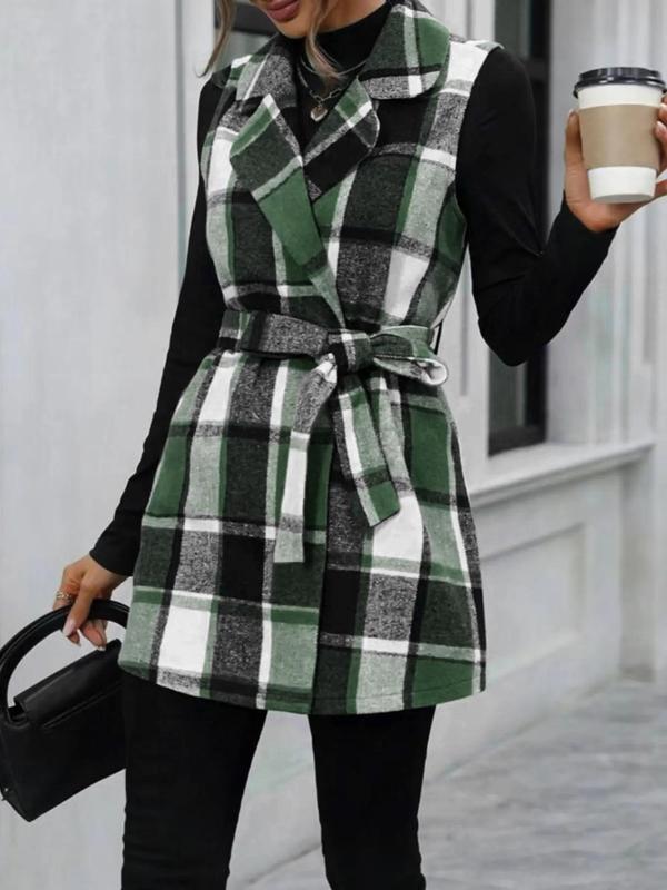 Women's Plaid Print Belted V Neck Waistcoat, Casual Fashion Comfy Gilet Coat for Daily Outdoor Wear, Women Clothes for Fall, Lady Fitted Vest Coat Womenswear, Back To School Outfit for, Halloween, Halloween Costume Tops