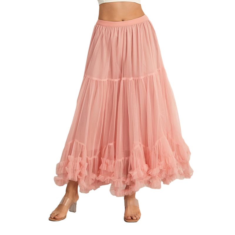 Women’s Tulle Long Skirts Elastic High Waist Ruffle Hem Tutu Skirts Fluffy A-line Midi Skirts Fabric Light Womenswear Bottom