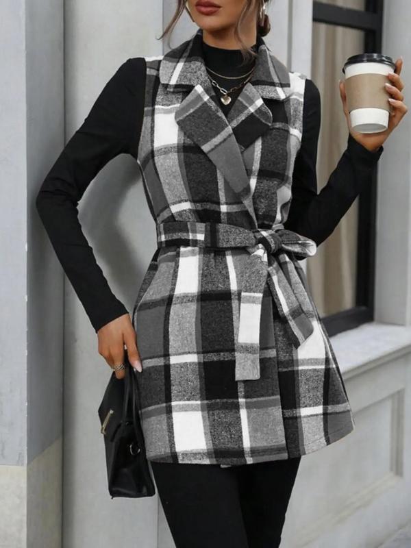 Women's Plaid Print Belted V Neck Waistcoat, Casual Fashion Comfy Gilet Coat for Daily Outdoor Wear, Women Clothes for Fall, Lady Fitted Vest Coat Womenswear, Back To School Outfit for, Halloween, Halloween Costume Tops