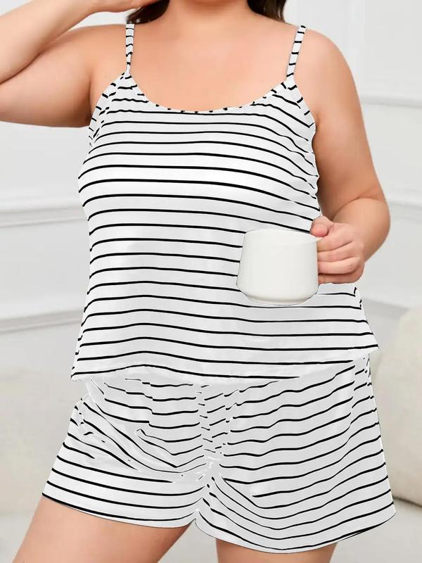 Plus Size Striped Print Pyjama Set, Casual Comfy Cami Top & Elastic Waist Shorts for Women, Women's Sleepwear for Summer, Plus Size Women's Clothing