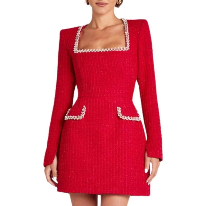 Women's Tweed Mini Dress Elegant Square Neck Long Sleeve High Waist A-Line Party One-piece Slim Short Dress Temperament Slim Slim U Neck Long Sleeve Beaded Little Fragrance Dress