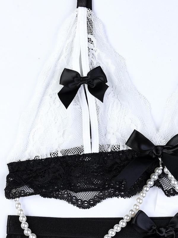 Women's Contrast Lace Bow Decor Lingerie Three-piece Set, Faux Pearls Design Cut Out Bra & Mesh Skirt & Thong Set, Women's Lingerie & Underwear for All Seasons