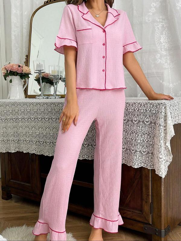 Two-Piece Set Women's Contrast Binding Lapel Neck Pajama, Casual Comfy Short Sleeve Top & Wide Leg Pants PJ Set, Ladies Sleepwear for All Seasons