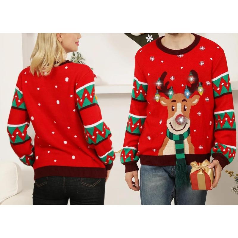 Women's Light Up Ugly Christmas Sweater with Light Bulb Reindeer Christmas Ugly Sweater Christmas Moose Knit Men's and Women's Couples Red Black