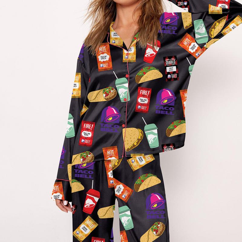 Taco Bell Pajama Set For Women Print Comfy Satin Sleepwear & Loungewear Pjs Short Sleeve Top & Bottoms Shorts Without Pockets - SHESHOW