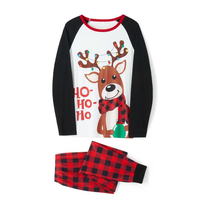 Christmas Pajamas for Family, Long Sleeve Elk Letter Print T-Shirt + Plaid Pants Set