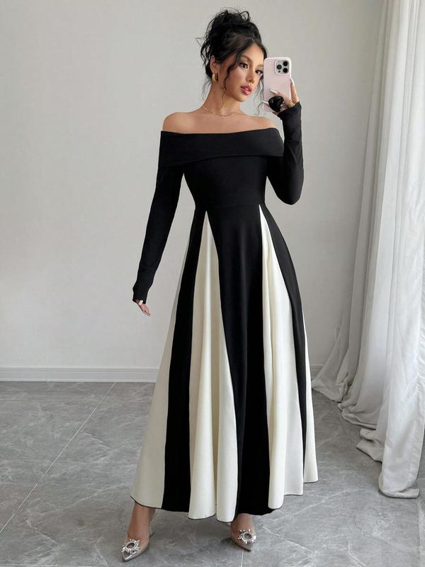 Women's Colorblock Off Shoulder Long Sleeve Dress, Elegant A Line Dress for Party Holiday Wedding Guest, Ladies Spring & Fall Clothes