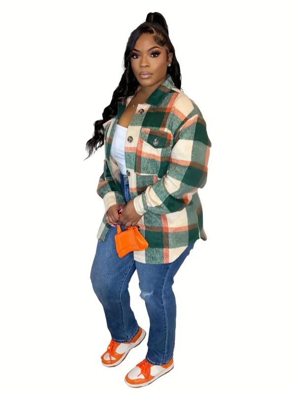 Women's Plaid Print Button Front Curved Hem Shirt Coat, Casual Drop Shoulder Long Sleeve Flap Pocket Outerwear for Fall & Winter, Ladies Clothes for Daily Wear