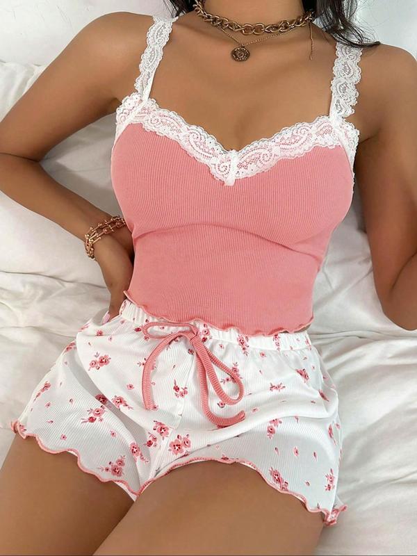 Two-Piece Set Women's  Contrast Lace Cami Top & Lettuce Trim Ditsy Floral Print Bow Decor Shorts Pyjama, Casual Comfortable Ribbed PJ Set for Women, Women's Sleepwear for Summer