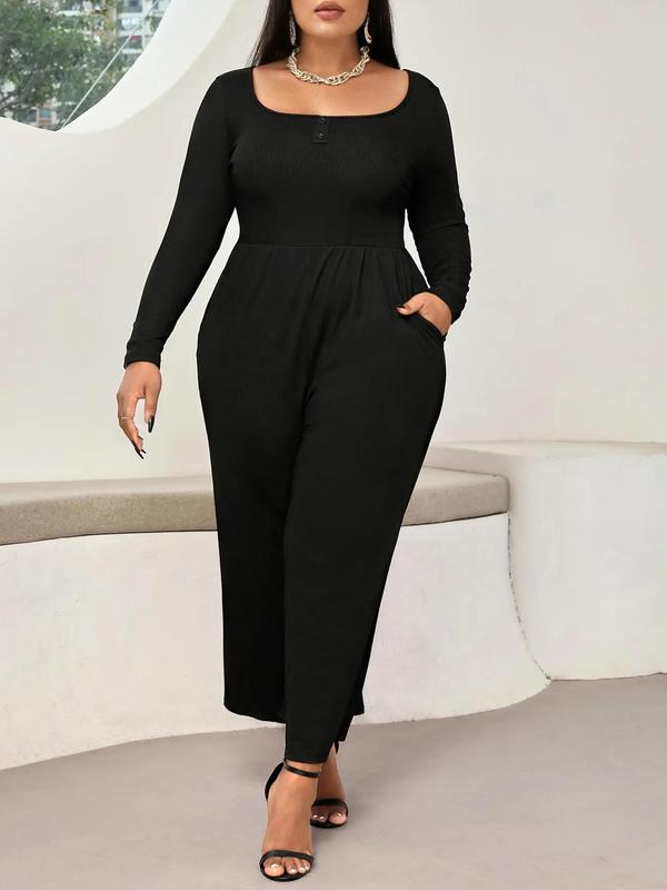 CURVZY Plus Size Solid Square Neck Wide Leg Jumpsuit, Casual Long Sleeve Jumpsuit for Fall & Winter, Women's Clothes for Daily Wear